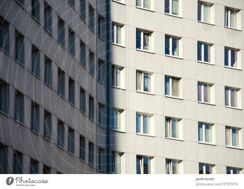 Plates in light and shadow Prefab construction Facade Window Authentic Modern Gloomy Symmetry Drop shadow Border Point in time Detail Abstract Evening Shadow