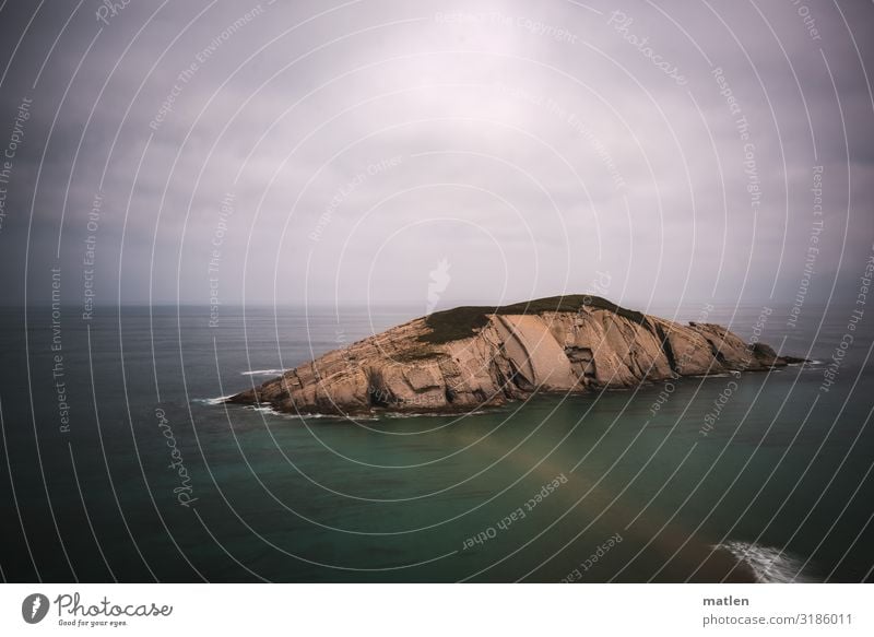 Island with sandbank Nature Landscape Sky Storm clouds Horizon Summer Bad weather Hill Rock Coast Ocean Dark Maritime Brown Gray Green Sandbank Bizkaia