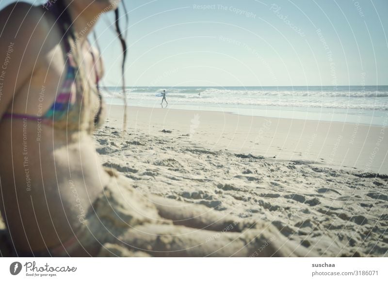 beach photo with child at the edge Child girl Beach Sand Bikini wide Ocean Water Vacation & Travel Summer Coast Relaxation Summer vacation wet hair