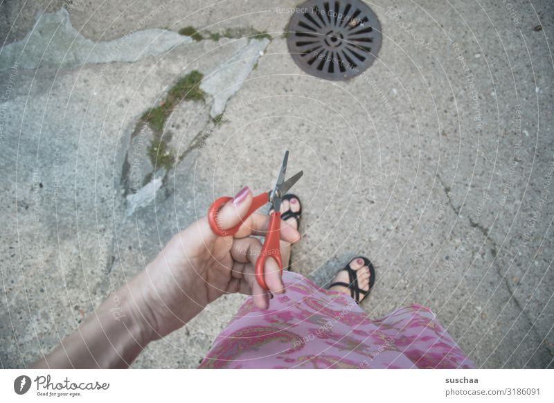 flip flip Scissors Woman feminine Hand feet Flip-flops Summer Exterior shot Courtyard Street Asphalt Gully cut Caution Action Objective Situation Mysterious