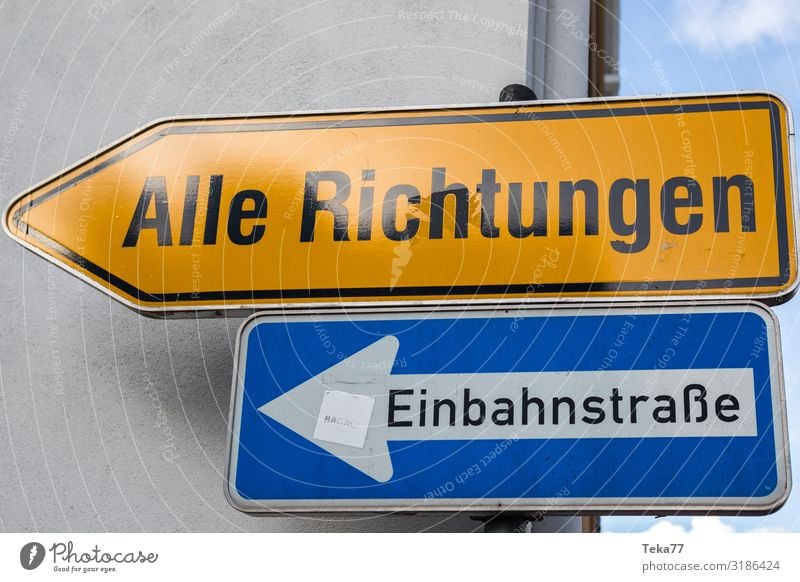 The future. Sign Signs and labeling Signage Warning sign Road sign Future Fear of the future Forward-looking Direction One-way street Colour photo Exterior shot