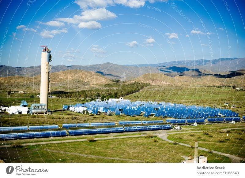 Solar panels on power station Solar Power Panels Station Sky Beautiful weather Reflection Glittering Sunbeam Day Energy Electricity Technology Weather