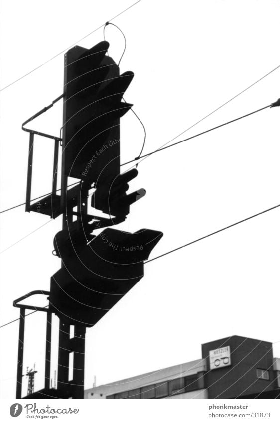 beacon Signal Traffic light Railroad Railroad tracks Transport Vacation & Travel High voltage power line silouette sillouette Black & white photo