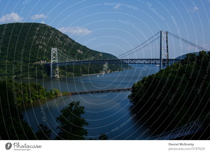 Large Bridge Out in the Distance Over a River Environment Nature Landscape Plant Earth Water Sky Cloudless sky Summer Warmth Tree Leaf Park River bank Lake