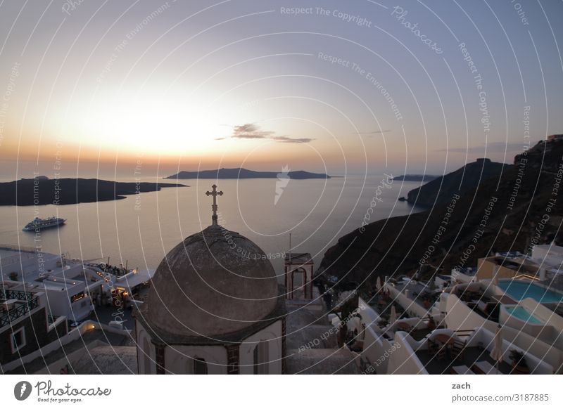 farsighted | to the horizon Water Sky Sunrise Sunset Beautiful weather Hill Volcano Caldera Coast Ocean Mediterranean sea Aegean Sea Island Cyclades Santorini