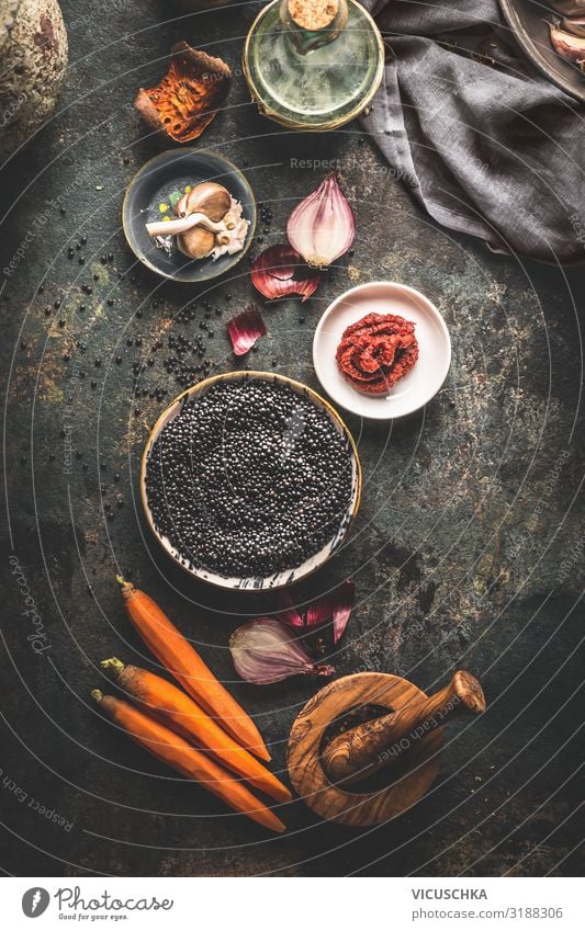 Black lentils with ingredients Food Grain Nutrition Organic produce Vegetarian diet Diet Crockery Style Design Healthy Eating Table Vegan diet