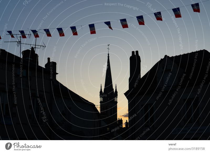 City with church tower and pennant backlit Village House (Residential Structure) Church Roof To enjoy Illuminate Dream Old Esthetic Sharp-edged Simple pretty