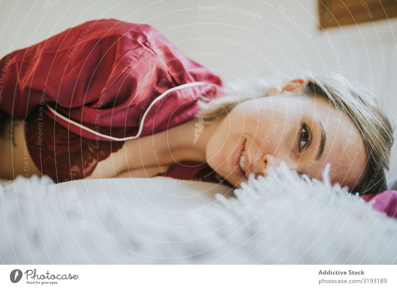 Woman and smiling in bed Smiling Youth (Young adults) Bedroom Pillow Beautiful Relaxation Human being Home Morning Sleep Comfortable Resting Dream Attractive