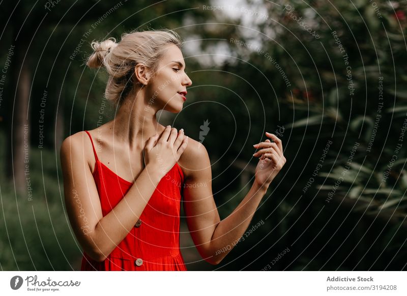 Dreamy young beautiful woman in summer garden Woman Garden Beautiful Summer Touch Neck Youth (Young adults) Blonde sensually Posture Blooming Tree Closed eyes