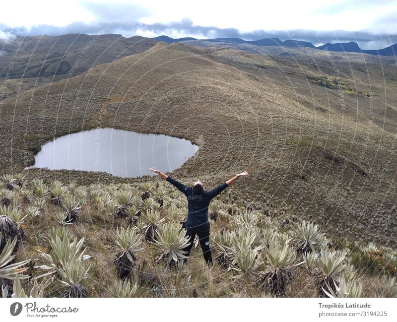 Freedom Man Adults Body 1 Human being 30 - 45 years Nature Landscape Sky Beautiful weather Wind Plant Exotic Mountain Lake Observe To enjoy Hiking Authentic