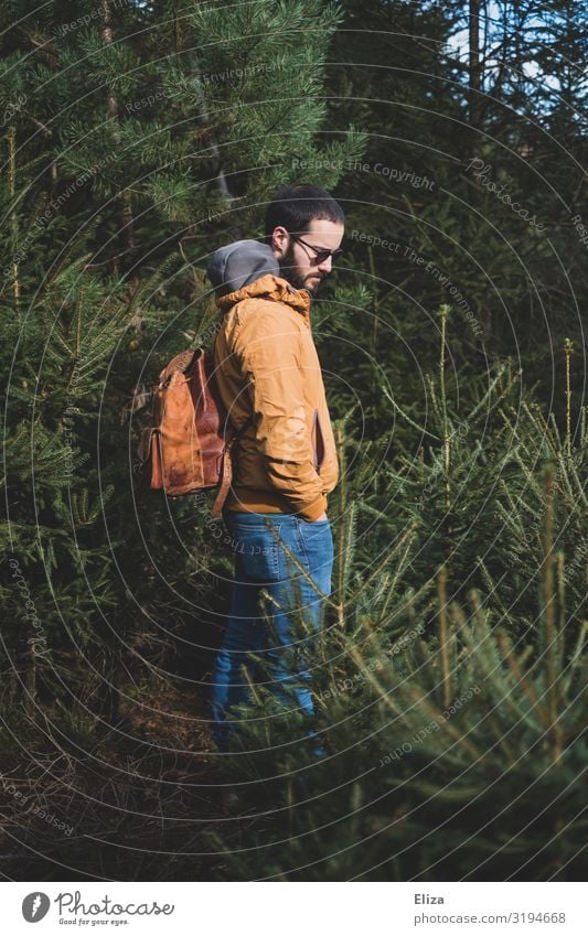 Man with backpack alone isolated in the forest in the fresh air Trip Adventure Hiking segregated Forest Human being Masculine Young man Youth (Young adults)