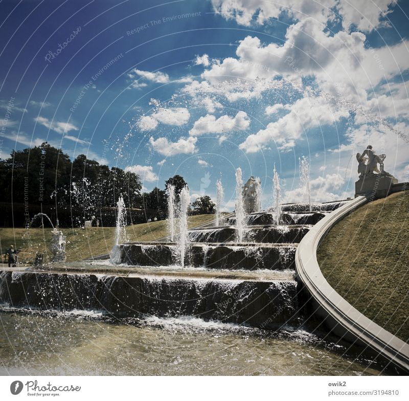 Wet stairs Art Work of art Sculpture Water Sky Clouds Summer Park Fountain Water fountain Vienna Idyll Baroque Baroque garden Belvedere Flow Colour photo