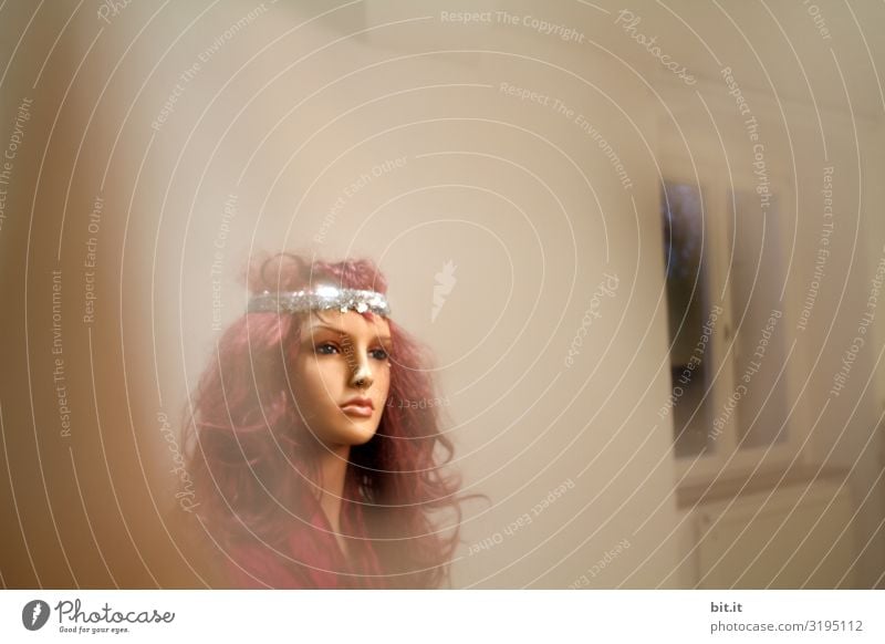 Unsharp l Shop window mannequin Art Exhibition Museum Work of art Shopping Kitsch Trade Mannequin Doll Copy Space right Neutral Background Blur