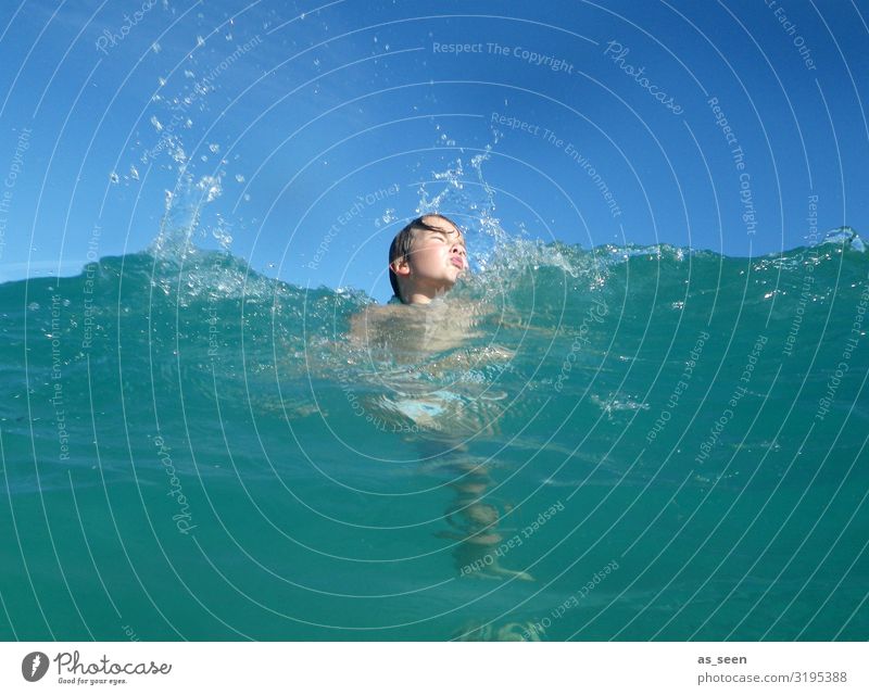 Fun in the sea Boy (child) Infancy Face 1 Human being Environment Nature Landscape Elements Air Water Sky Sun Summer Beautiful weather Waves North Sea