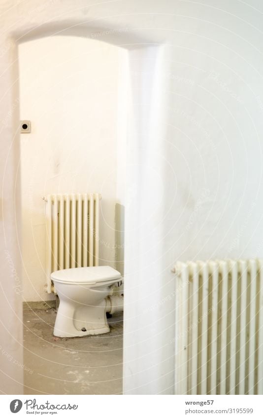 quiet place Toilet Old Gloomy Town Gray White Interior shot Portrait format Heater Vista Deserted Colour photo Subdued colour Copy Space right Day