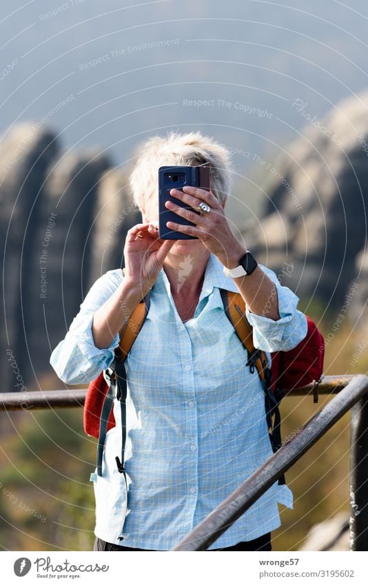 favourite person |snapshot with the mobile phone in the Saxon Switzerland Autumn topic day Elbsandstone mountains Hiking Mountain Vacation & Travel Woman