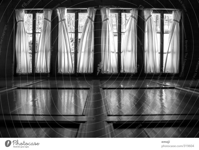 self-conscious House (Residential Structure) Manmade structures Building Window Window frame Curtain Old Threat Dark Black & white photo Interior shot Deserted