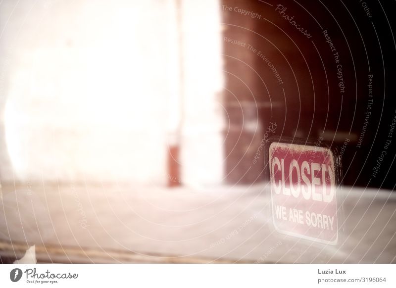 Closed / closed Building Gloomy Brown Red Empty Shop window Signs and labeling Subdued colour Exterior shot Deserted Copy Space left Copy Space top