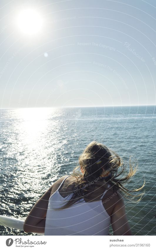 Girls on a ferry girl Youth (Young adults) teenager hair from behind Ocean Water Crossing Ferry Handrail Sky Sun Sunlight Summer Summer vacation