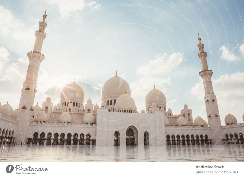 Breathtaking white mosque in sunshine Mosque Architecture Dubai White Religion and faith Majestic Temple Culture Church service Panorama (Format) heritage