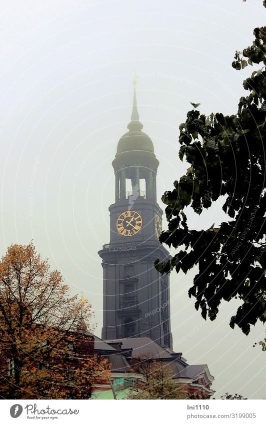 Michel in the fog | UT Hamburg Port City Deserted Church Tower Saint Michael Facade Stone Concrete Metal Steel Yellow Gray Red Black White Landmark