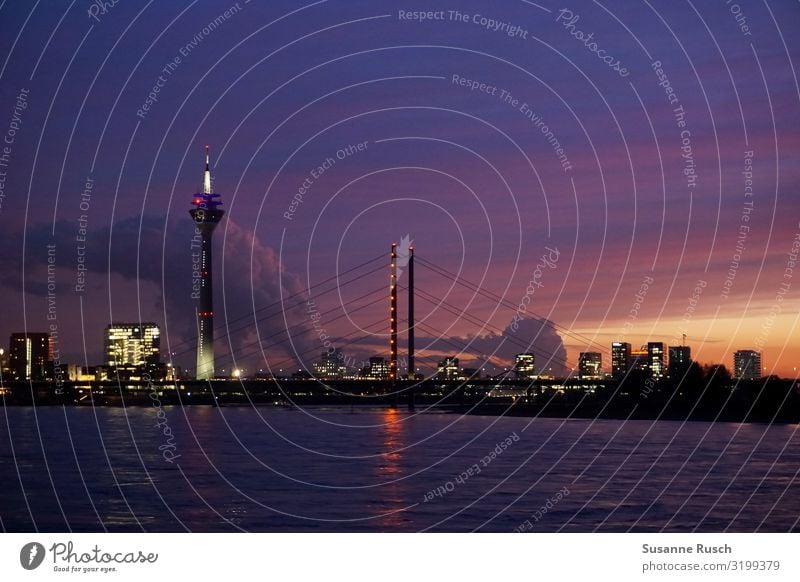 Night sky over Düsseldorf Lifestyle Luxury Vacation & Travel Tourism Sightseeing City trip Sunset River Duesseldorf Town Skyline Landmark Rheinturm Moody