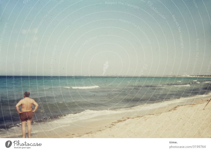 beach perch Masculine 1 Human being Environment Nature Sand Sky Horizon Beautiful weather Waves Coast Beach Ocean Swimming trunks Observe Looking Stand