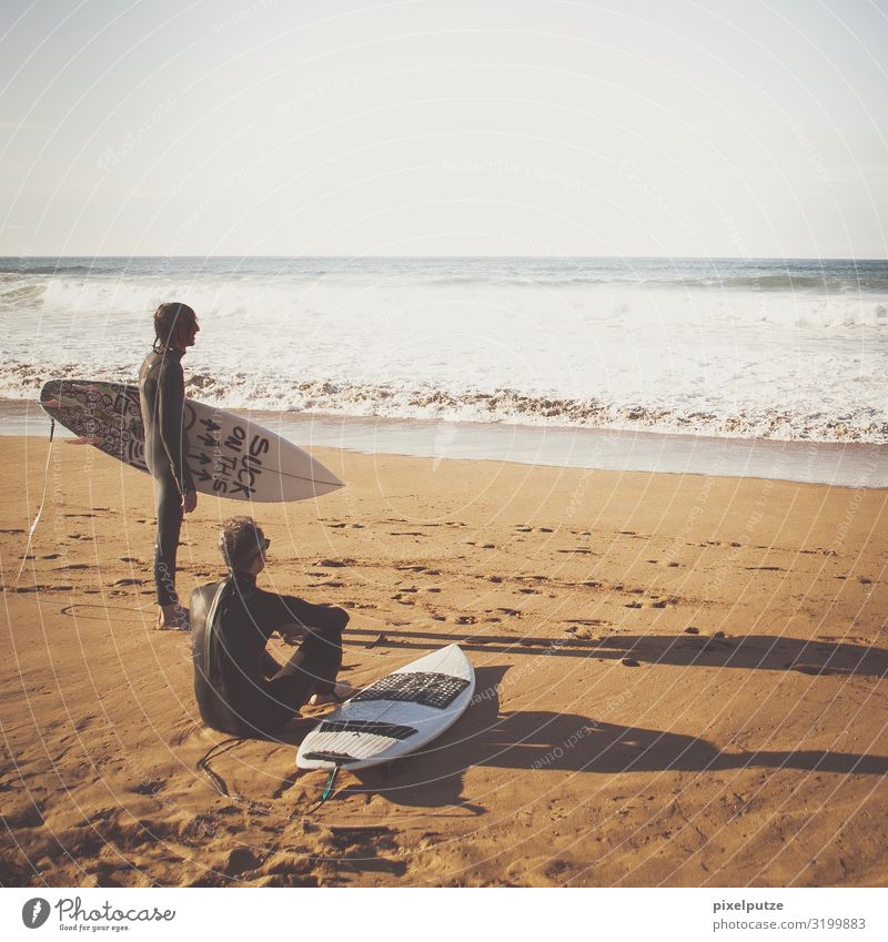 Suck on this Beach Ocean Sports Aquatics Human being Masculine 2 Water Waves Sit Wait Break Portugal Surfboard Surfing Surfer Colour photo Exterior shot Day