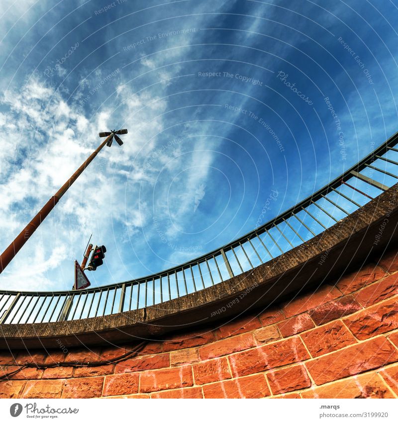 bridge Sky Beautiful weather Wall (barrier) Wall (building) Transport Traffic light Lantern Fence Road sign Tall Above Colour Perspective Colour photo