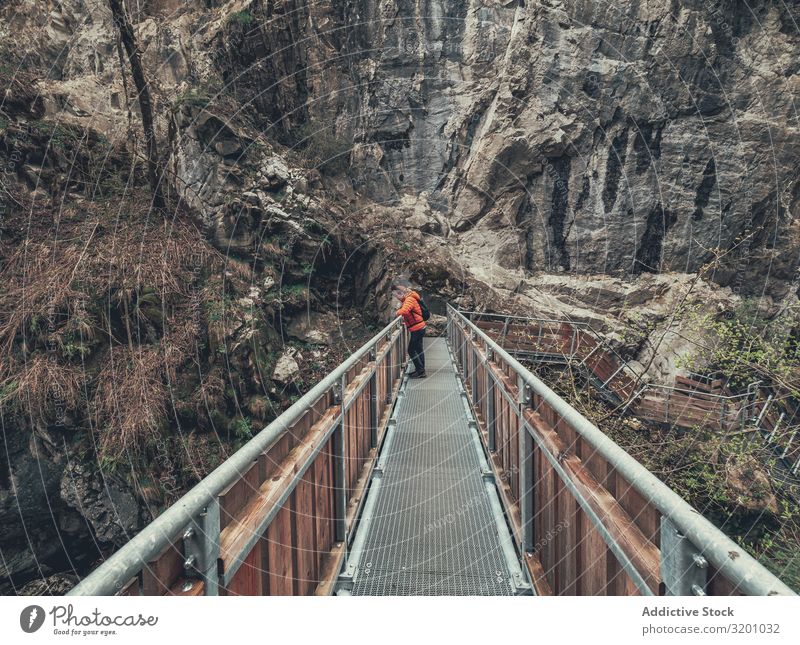 Tourist on hiking path among nature landscape Hiking Lanes & trails Nature Landscape traveller Footpath surrounded Tree Dolomites Italy Alps Sports hiker Action