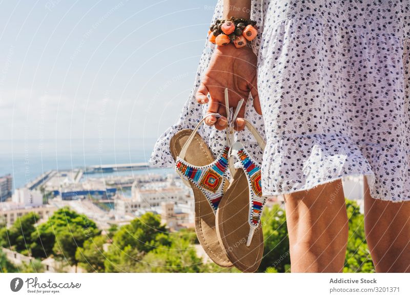 Woman with sandals in hand standing and looking at stunning landscape Sandal Landscape breathtaking Vacation & Travel Youth (Young adults) Beautiful Trip