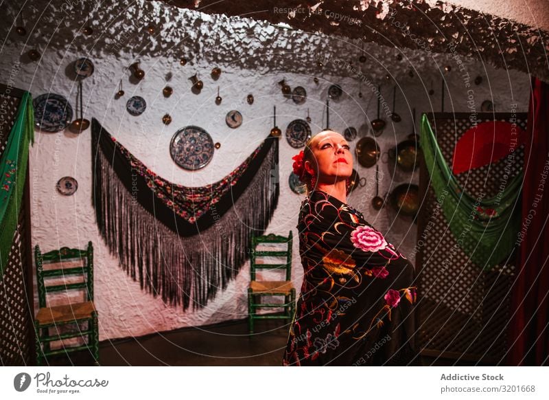 Woman dancer in flamenco costume standing in dance posture Flamenco tablao Dancer Skirt Beautiful Expression To enjoy Attractive Elegant Spanish Tradition