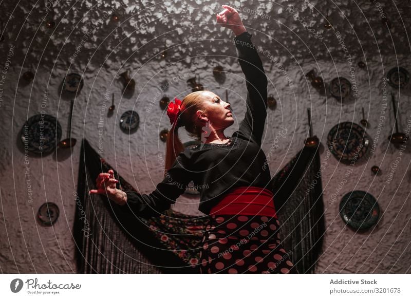 Woman dancer in flamenco costume standing in dance posture Flamenco tablao Dancer Skirt Beautiful Expression To enjoy Attractive Elegant Spanish Tradition