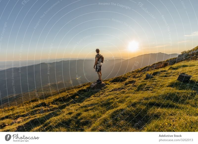 Man walking on the mountain Mountain hiker Human being Stand Top Vacation & Travel Backpack Adults Healthy Lifestyle Looking Adventure Caucasian Landscape