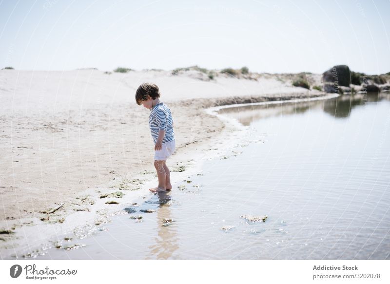 Barefoot child in short watching waves on sandy beach Child Small Sand Wave Beach babyhood Cute Joy exploring Beautiful Cheerful Infancy Discovery pretty