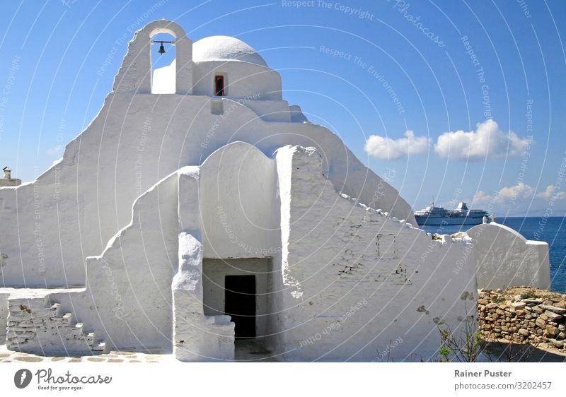 White Church on Mykonos Relaxation Calm Beautiful weather Coast Ocean Mykonos City Greece Passenger ship Cruise liner Exotic Blue Caution Serene