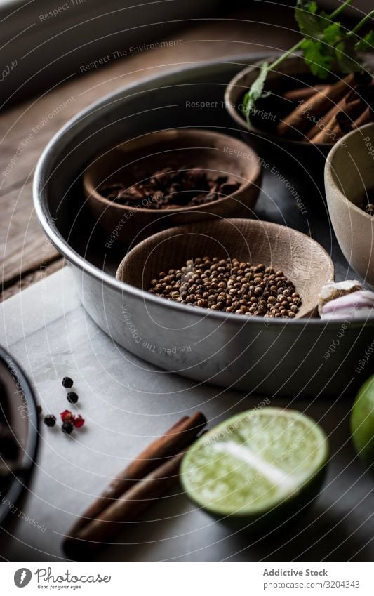 Spices and dry mushrooms on board Ingredients Herbs and spices Mix Dry pho Cooking Soup Mushroom seasoning Asian Food Organic anise Cinnamon Rustic Ginger