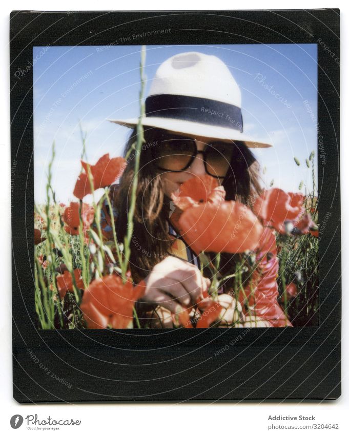 Instant photo of woman on field instant poppies Photography Woman Field Summer Blooming Closed eyes Lifestyle Leisure and hobbies Style Happy Freedom