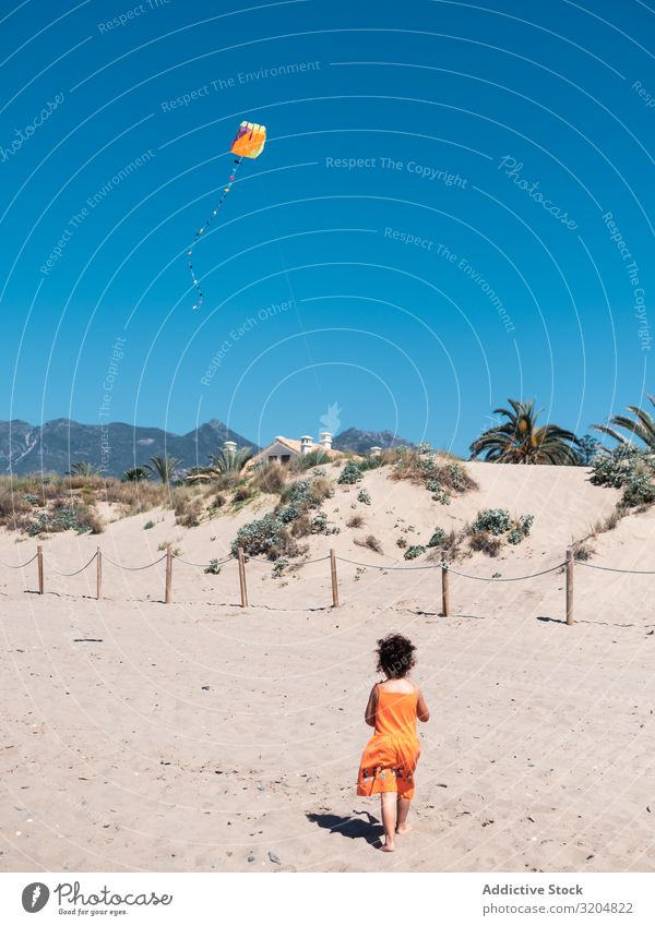 Toddler girl playing with kite on sandy beach Girl Kite Beach Playing Sand Small Child Woman Flying Blue sky Running seaside Vacation & Travel Summer Infancy