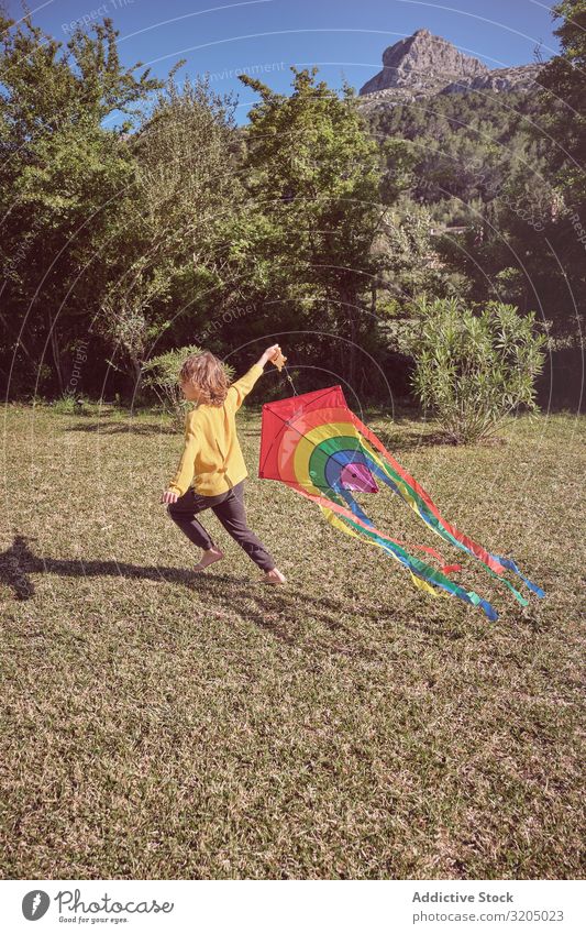 Boy launching kite on summer day Boy (child) Kite Sky Joy Infancy Playing Flying Landscape Child Small Human being Action Playful Easygoing Recklessness