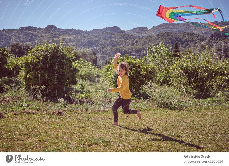 Boy launching kite on summer day Boy (child) Kite Sky Joy Infancy Playing Flying Landscape Child Small Human being Action Playful Easygoing Recklessness