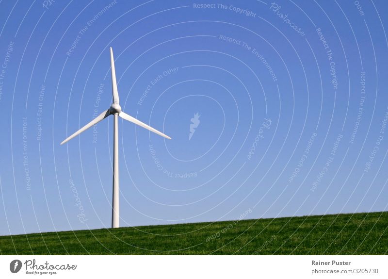 Wind energy - wind turbine in front of a blue sky Wind energy plant Renewable energy Energy industry Sky Beautiful weather Meadow Germany Deserted Pinwheel