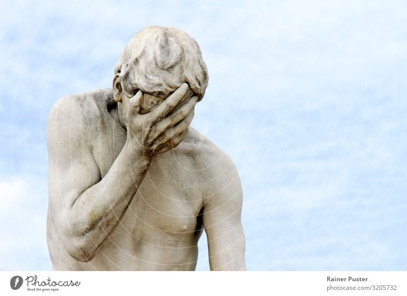 Facepalm - Statue with hand in front of the face Sculpture Sadness Cry Blue Gray Grief Lovesickness Disappointment Shame Remorse Fear Horror Stress Distress