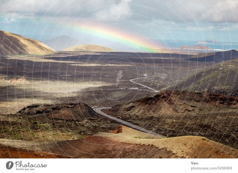 somewhere over the rainbow Nature Landscape Earth Sky Clouds Autumn Rainbow Hill Lanzarote National Park of Timanfaya Street Exceptional Beautiful Blue Brown