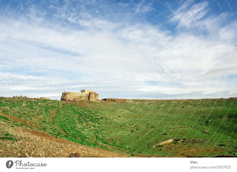 medieval castle Lock Sky Horizon Clouds Grass Green Blue White wide Far-off places Tourist Attraction Sardinia Deserted Landscape Historic Nature