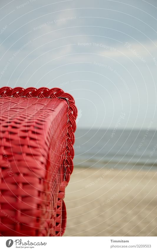 a break Vacation & Travel Environment Nature Sand Water Sky Weather Beach Baltic Sea Plastic Looking Sit Simple Blue Brown Red Relaxation Calm Beach chair