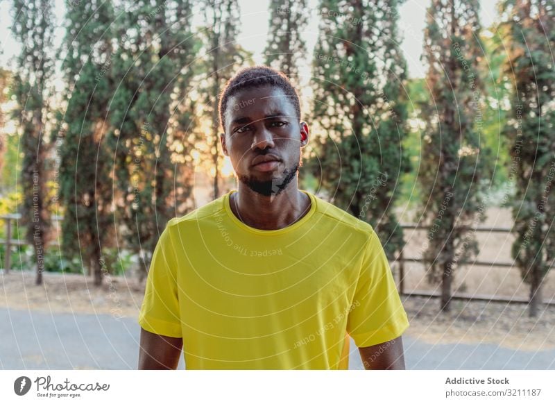 Serious black man standing in park during jogging determined sport portrait sunlight cool confident ethnic african american male training athlete focused