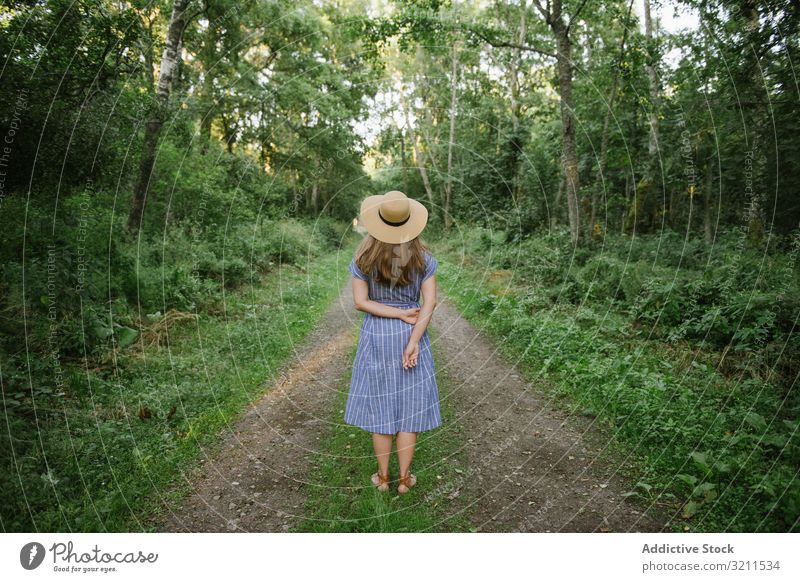 Young woman standing among pine trees forest road casual explore woods carefree walk straw hat sunny blond environment coniferous nida lithuania stroll dress