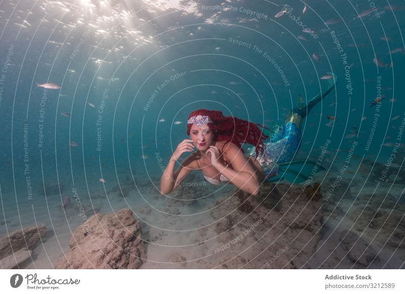 Redhead fairytale female mermaid swimming underwater fish dreamy fishtail sunrays blue sea deep beautiful daylight shiny woman colourful redhead coral long hair