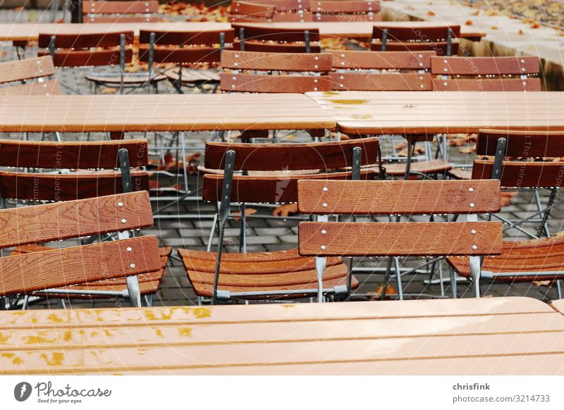 Chairs in beer garden Nutrition Drinking Lifestyle Luxury Tourism Trip Furniture Party Garden Park Wood Metal Crouch Wet Emotions Joy Break Restaurant Roadhouse